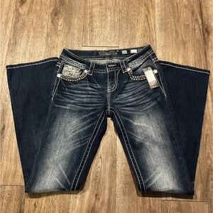 Miss Me Dark Indigo Bootcut Jeans with Whiskered Fade